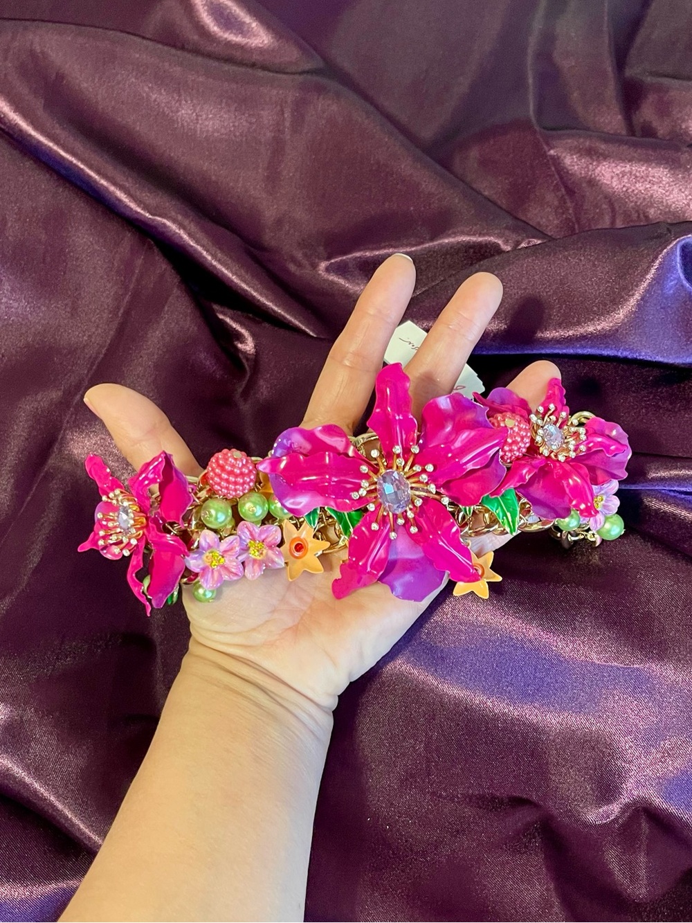 Betsey Johnson Fuchsia Floral Crystal Statement Necklace - Picture 3 of 5